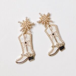 NEW White Cowgirl Boots Pearl Embellished Rhinestone Western Bling Glam Earrings